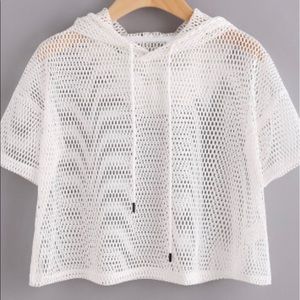 Drop shoulder fishnet cropped hoodie